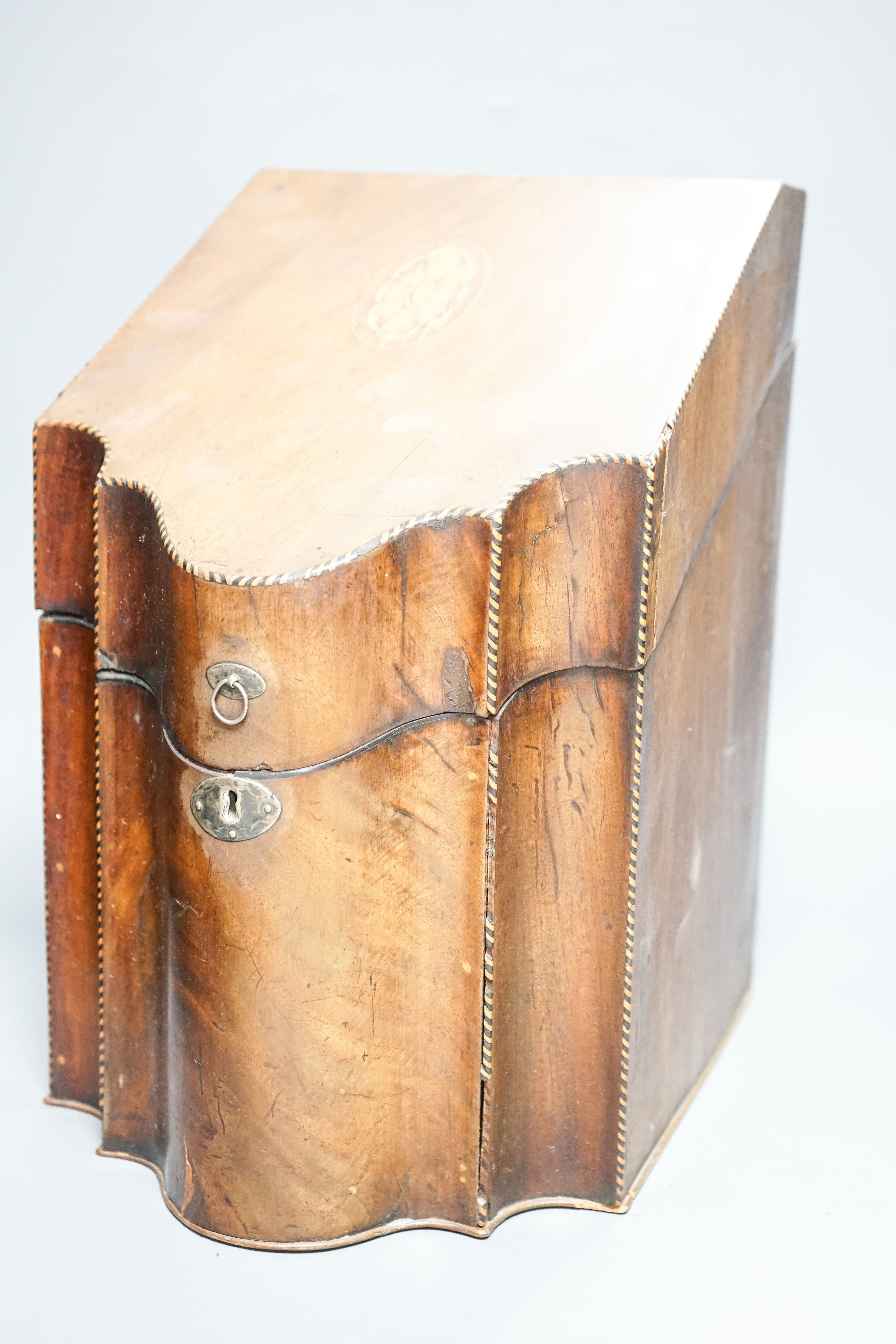 Two George III inlaid mahogany knife boxes (larger converted to a stationery box) 38cm
